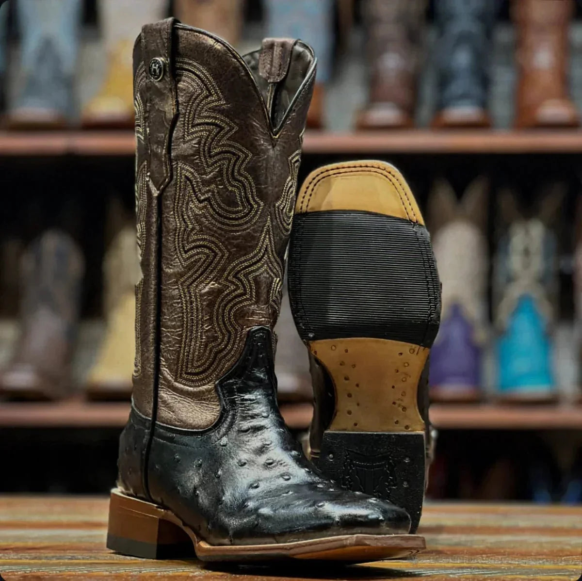 Tanner Mark Boots Boots Tanner Mark Women's Ostrich Print Square Toe Boots Black TML207122