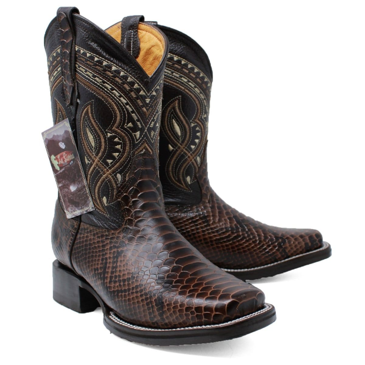 La Carreta Boots Men&#39;s Python Print Leather Square Toe Boots - Brown