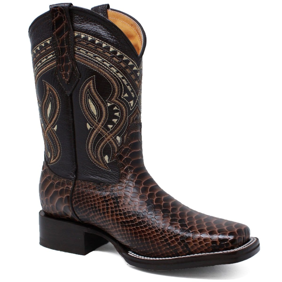 La Carreta Boots Men&#39;s Python Print Leather Square Toe Boots - Brown