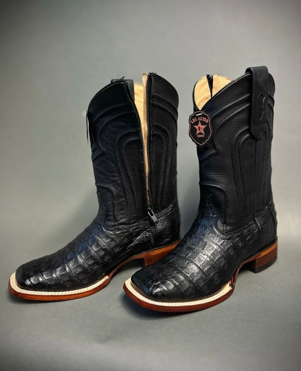 Los Altos Boots Boots Men&#39;s Los Altos Caiman Belly Square Toe Boots with Zipper Black 82Z8205