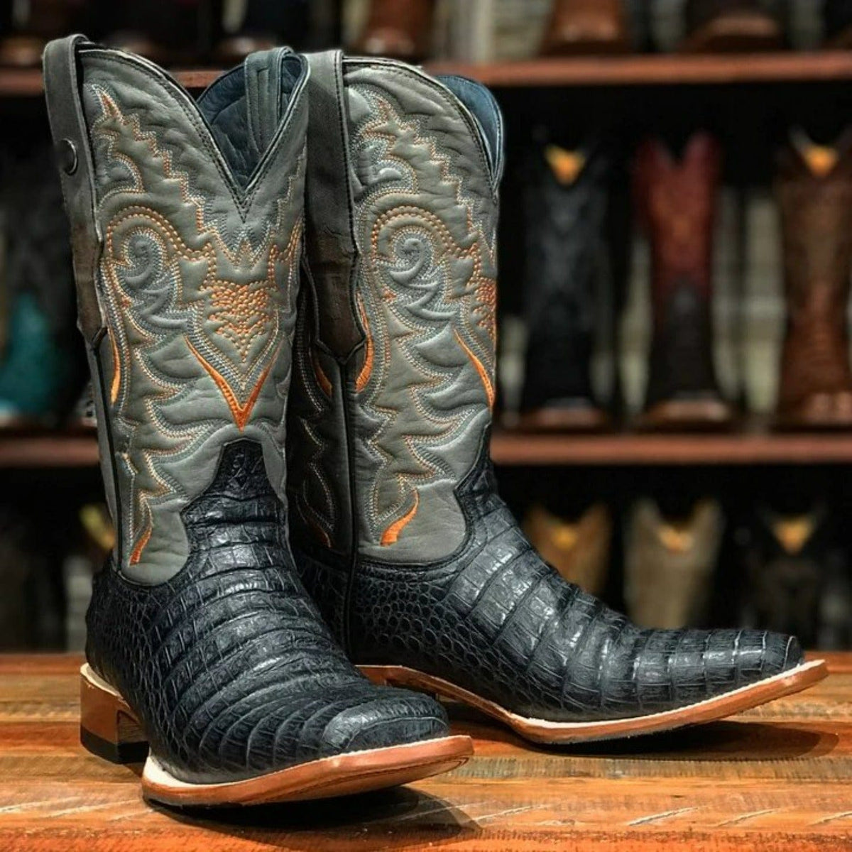 Tanner Mark Boots Boots 6.5 Tanner Mark Men&#39;s Wheeler Print Caiman Belly Square Toe Boots Black TM207030