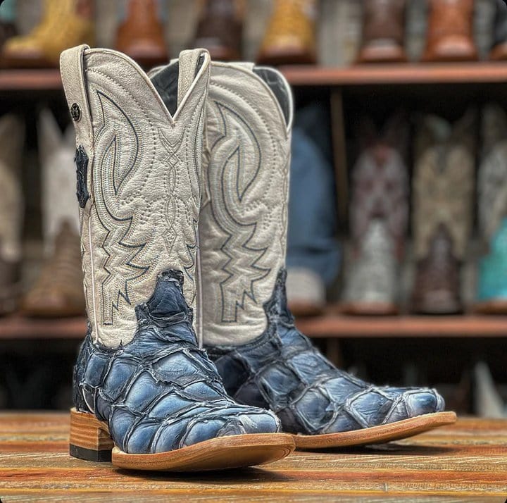 Tanner Mark Boots Boots Blue / 6.5 Tanner Mark Men&#39;s Genuine Monster Fish Square Toe Boots Sky Blue Matte TMX201323