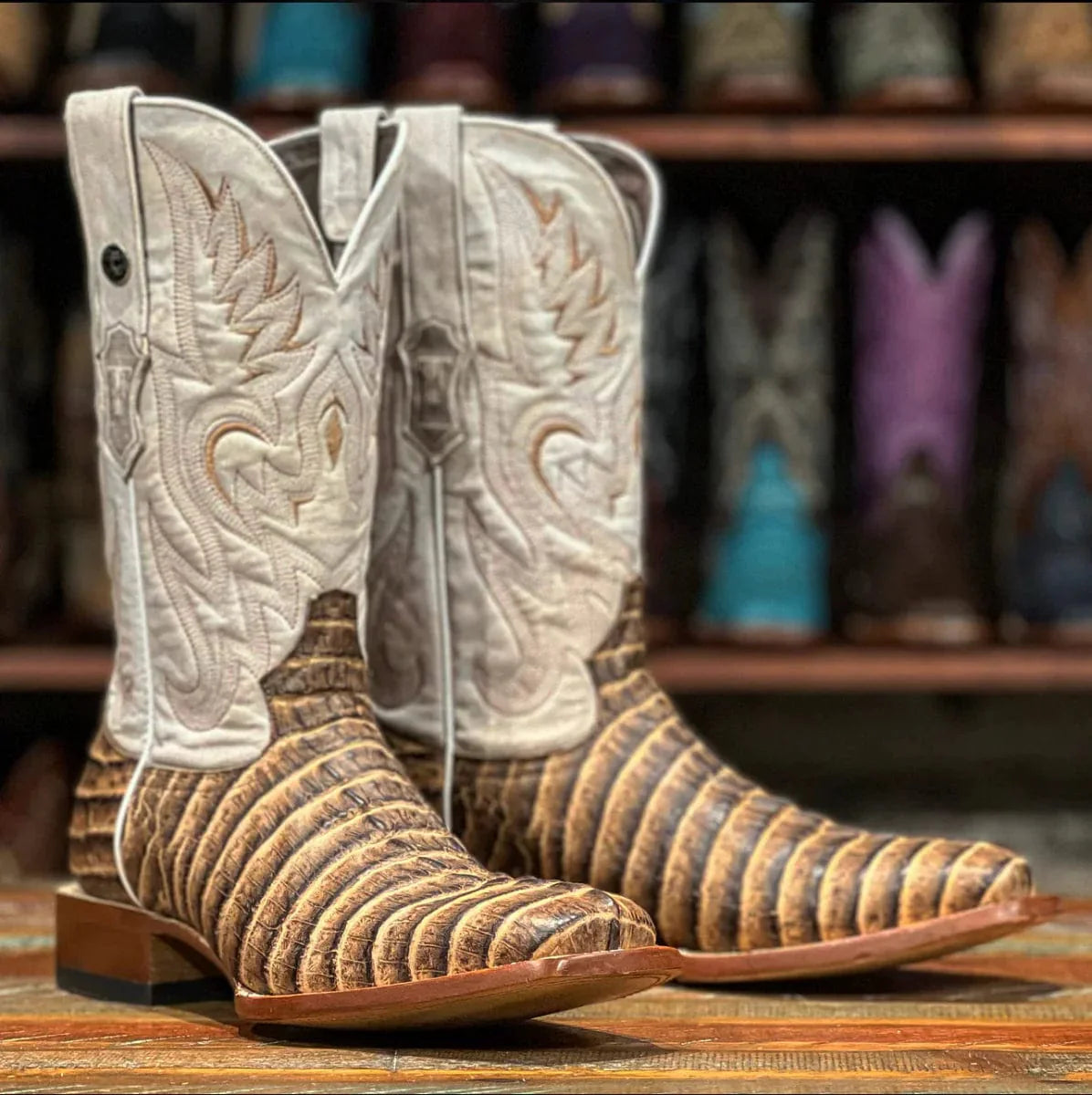 Tanner Mark Boots Boots Brown / 6 Tanner Mark Men&#39;s Print Caiman Tail Square Toe Boots Almond Brown TM205572