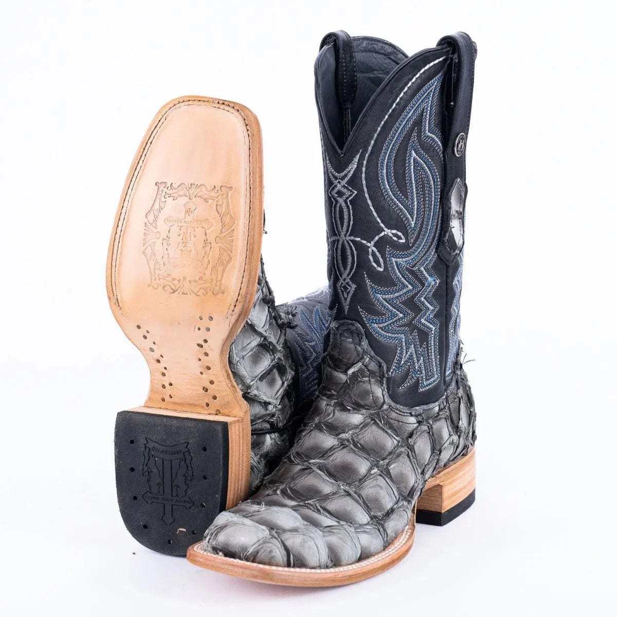 Tanner Mark Boots Boots Gray / 6.5 Tanner Mark Men&#39;s Genuine Monster Fish Square Toe Boots Grey TMX201333