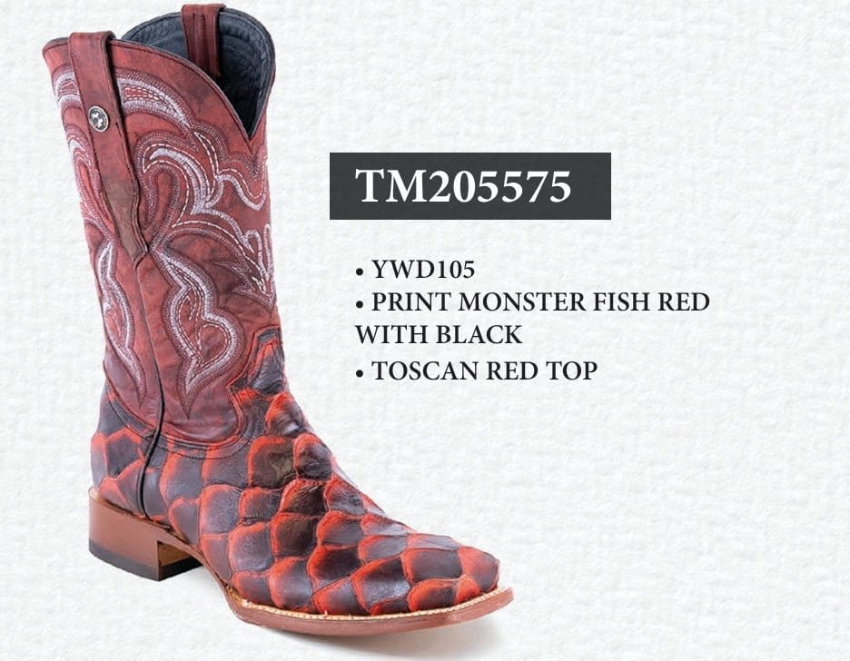 Tanner Mark Boots Boots Red / 6 Tanner Mark Men&#39;s Print Monster Fish Square Toe Boots Red with Black TM205575