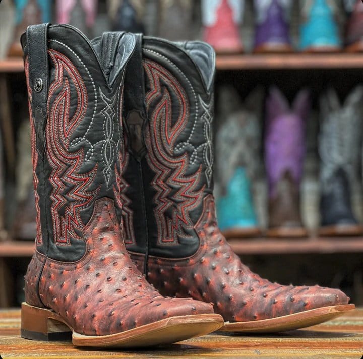 Tanner Mark Boots Boots Red / 6 Tanner Mark Men&#39;s Print Ostrich Square Toe Boots Red with Black TM205577