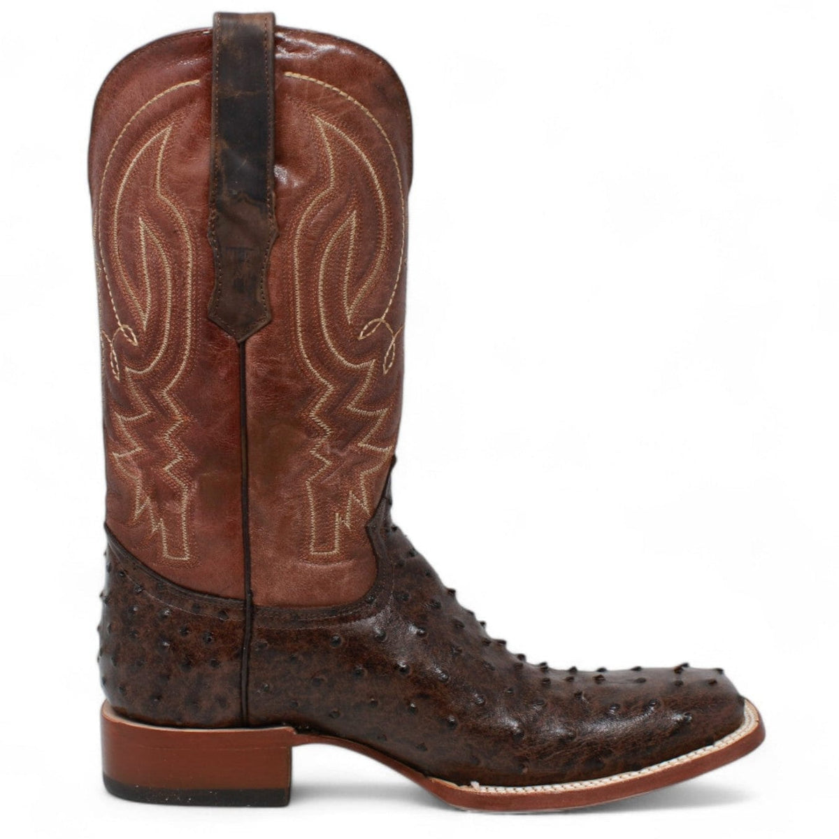 Tanner Mark Boots Boots Tanner Mark Men&#39;s Big Cabin Print Ostrich Square Toe Boots Chocolate  TM205525