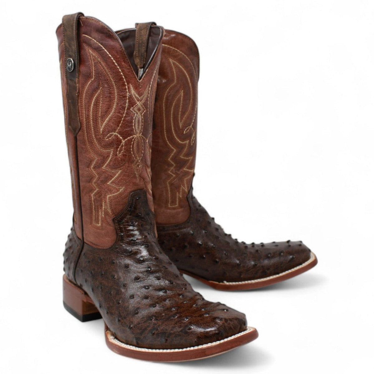 Tanner Mark Boots Boots Tanner Mark Men&#39;s Big Cabin Print Ostrich Square Toe Boots Chocolate  TM205525