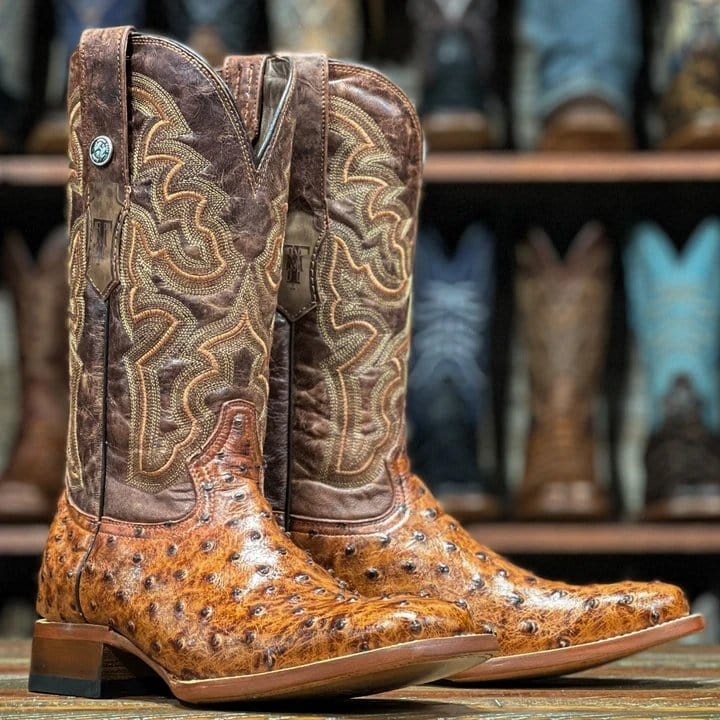 Tanner Mark Boots Boots Tanner Mark Men&#39;s Broken Arrow Print Ostrich Square Toe Boots Cognac 200961