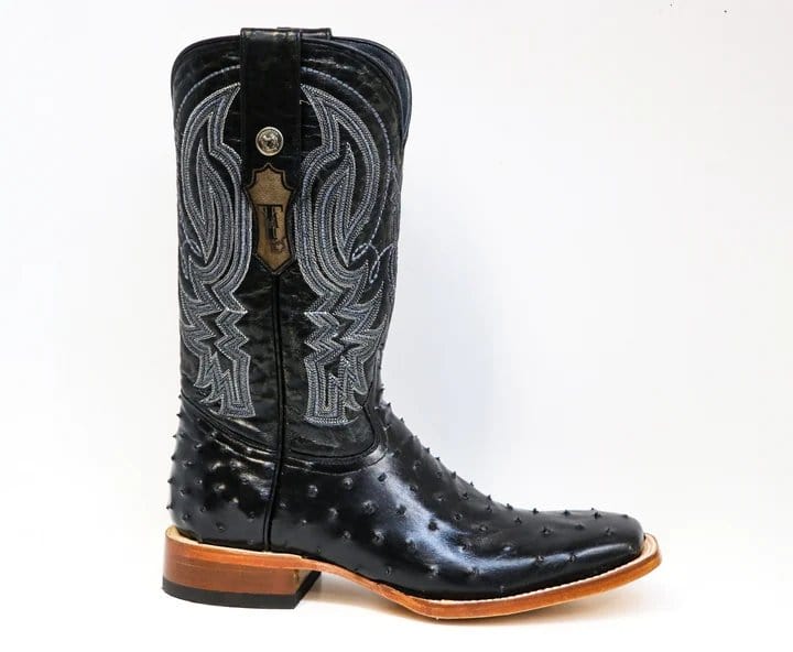 Tanner Mark Boots Boots Tanner Mark Men&#39;s Checotah Print Ostrich Square Toe Boots Black TM200963