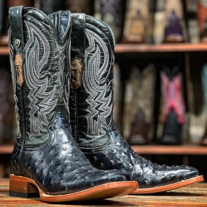 Tanner Mark Boots Boots Tanner Mark Men&#39;s Checotah Print Ostrich Square Toe Boots Black TM200963