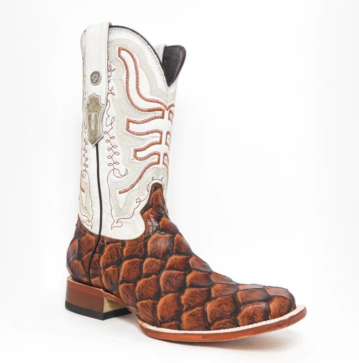 Tanner Mark Boots Boots Tanner Mark Men&#39;s Dillon Print Monster Fish Square Toe Boots Cognac TM205539