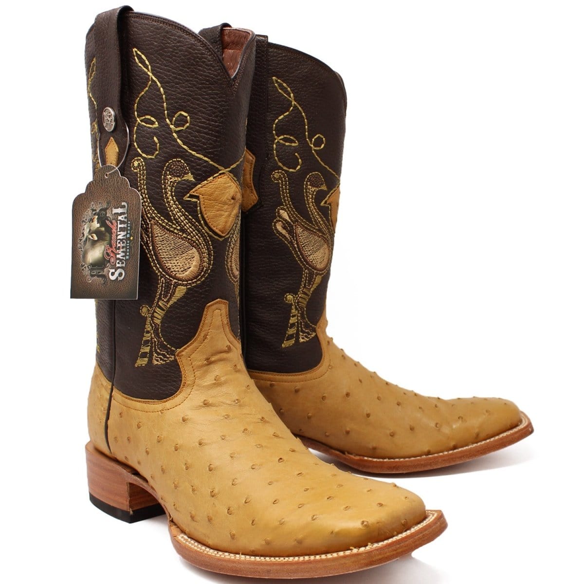 Tanner Mark Boots Boots Tanner Mark Men&#39;s Genuine Full Quill Ostrich Square Toe Boots Antique Saddle TMX100154