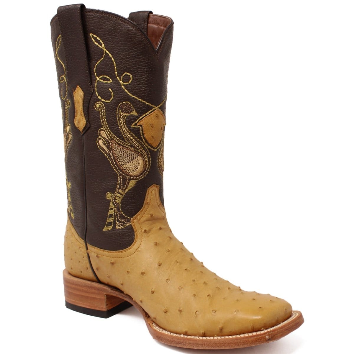 Tanner Mark Boots Boots Tanner Mark Men&#39;s Genuine Full Quill Ostrich Square Toe Boots Antique Saddle TMX100154