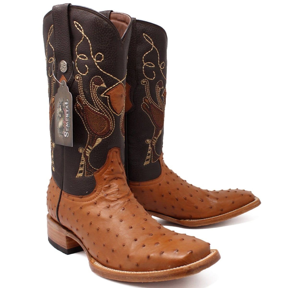Tanner Mark Boots Boots Tanner Mark Men&#39;s Genuine Full Quill Ostrich Square Toe Boots Cognac RSX202104