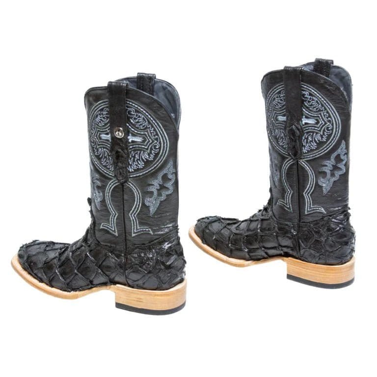 Tanner Mark Boots Boots Tanner Mark Men&#39;s Genuine Monster Fish Leather Square Toe Boots Black TMX201308