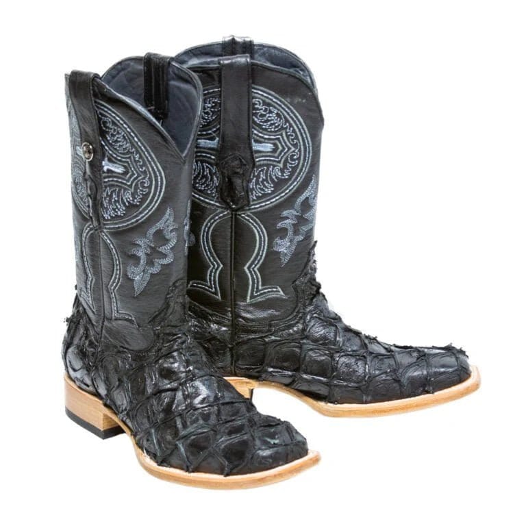 Tanner Mark Boots Boots Tanner Mark Men&#39;s Genuine Monster Fish Leather Square Toe Boots Black TMX201308