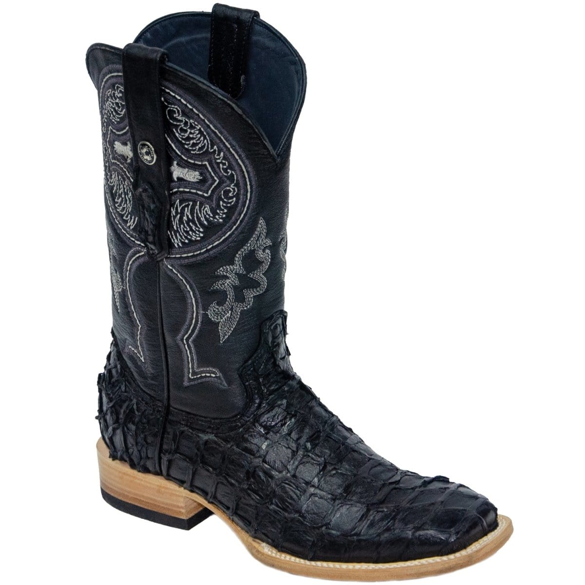 Tanner Mark Boots Boots Tanner Mark Men&#39;s Genuine Monster Fish Leather Square Toe Boots Black TMX201308