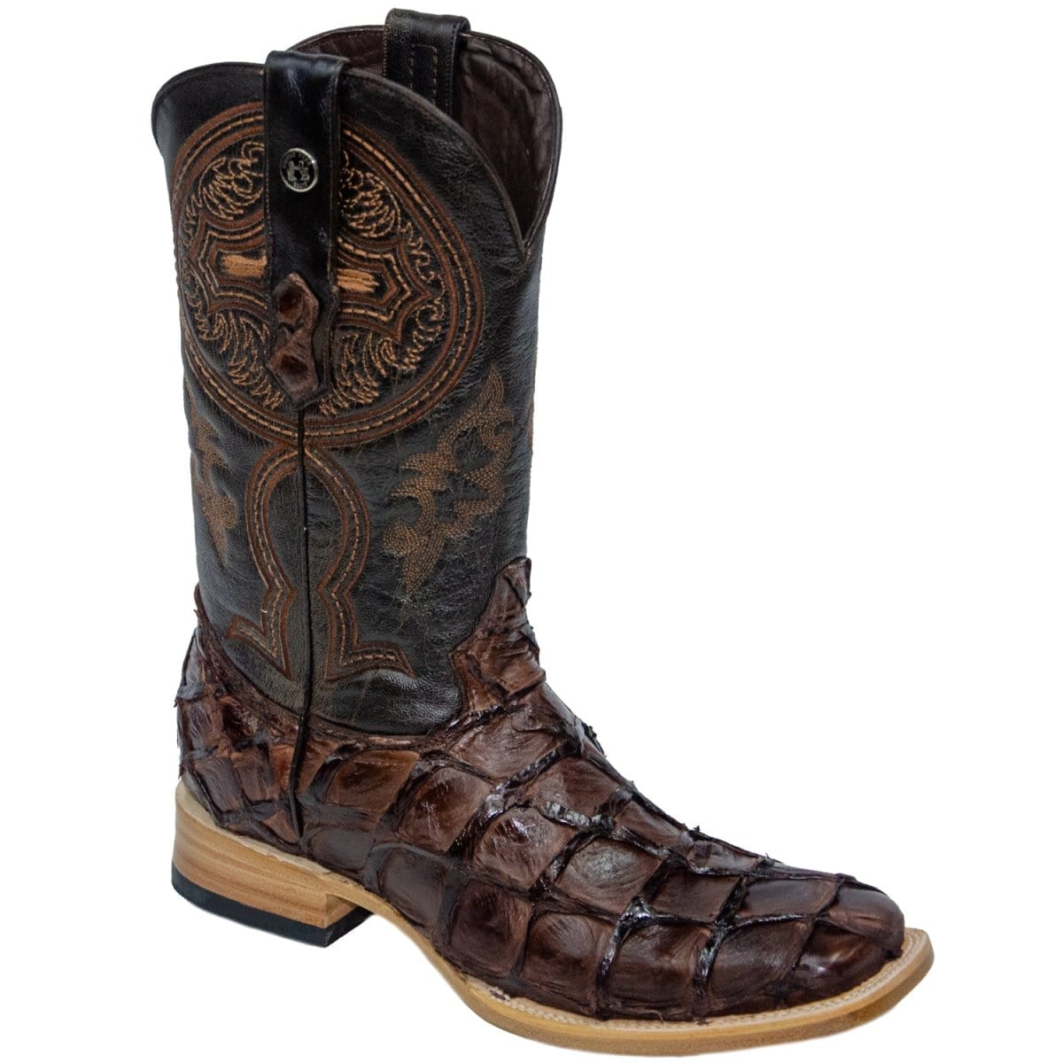 Tanner Mark Boots Boots Tanner Mark Men&#39;s Genuine Monster Fish Leather Square Toe Boots Brown TMX201307