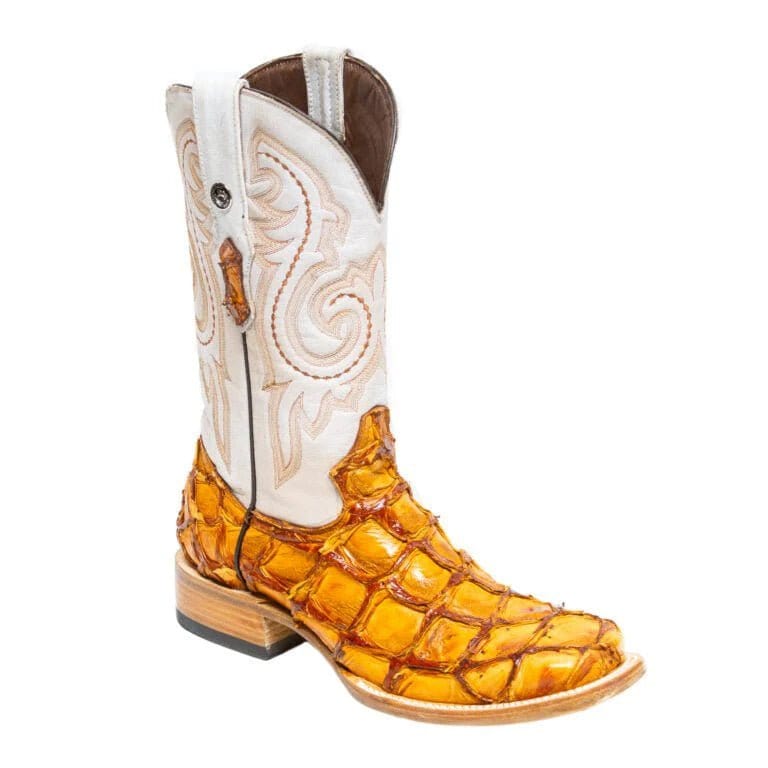 Tanner Mark Boots Boots Tanner Mark Men&#39;s Genuine Monster Fish Leather Square Toe Boots Cognac TMX201306