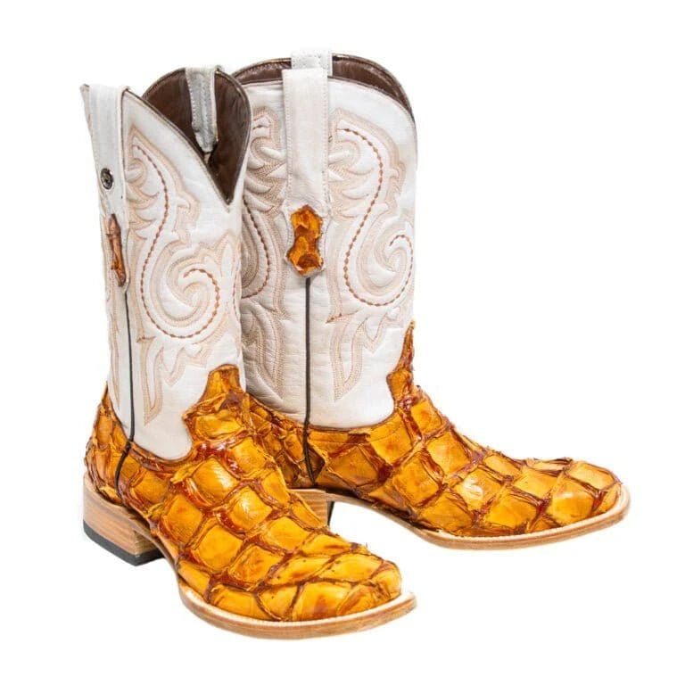 Tanner Mark Boots Boots Tanner Mark Men&#39;s Genuine Monster Fish Leather Square Toe Boots Cognac TMX201306