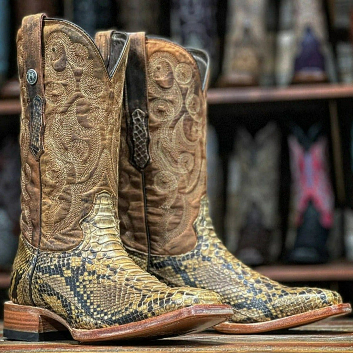 Tanner Mark Boots Boots Tanner Mark Men&#39;s Genuine Python Square Toe Boots Antique Saddle TMX200422