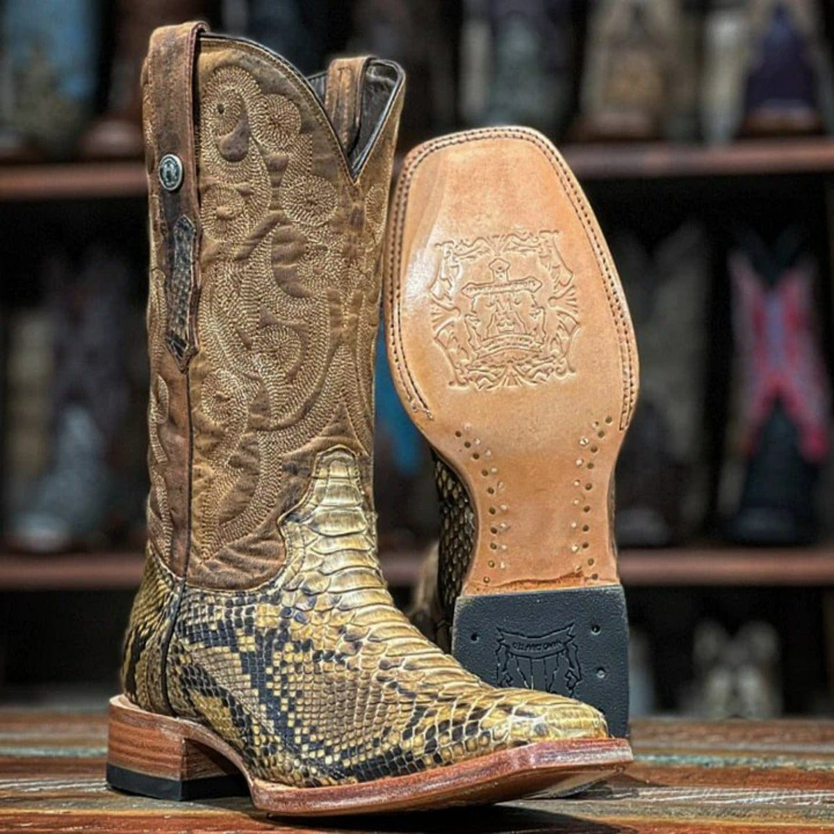 Tanner Mark Boots Boots Tanner Mark Men&#39;s Genuine Python Square Toe Boots Antique Saddle TMX200422