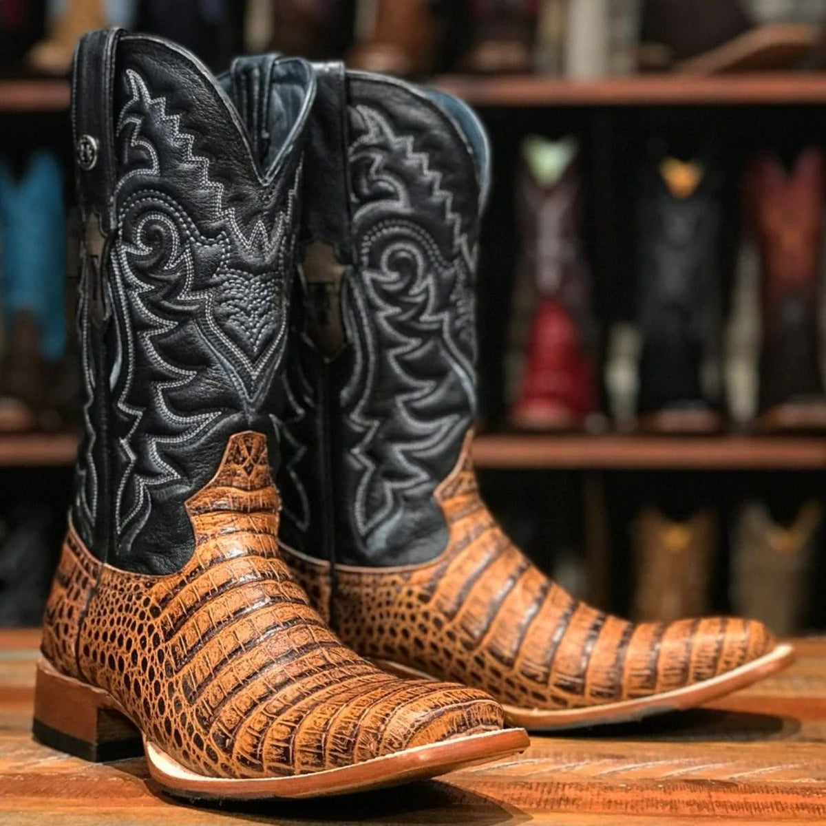 Tanner Mark Boots Boots Tanner Mark Men&#39;s Hudson Print Caiman Belly Square Toe Boots Cognac TM207031