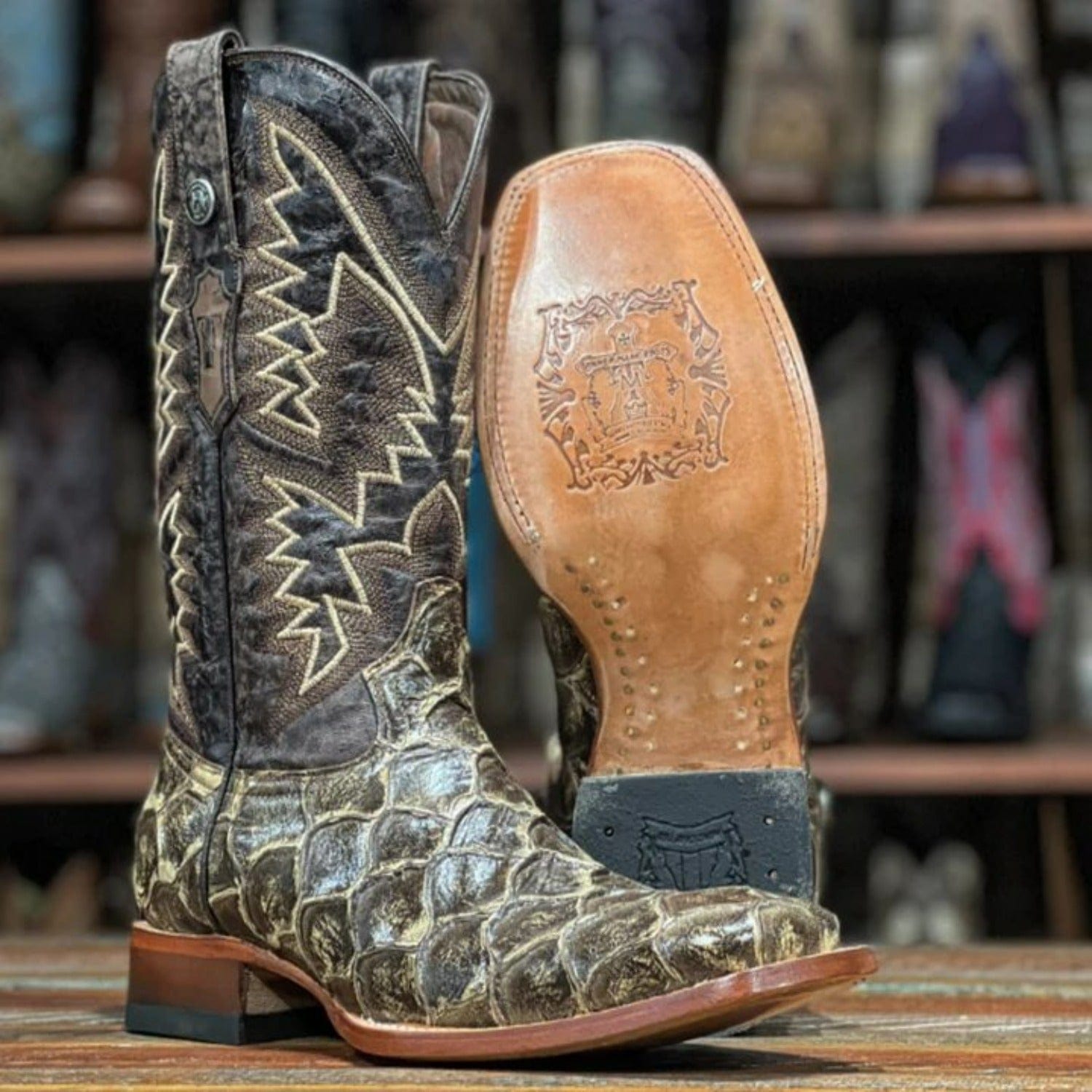 Tanner Mark Boots Boots Tanner Mark Men's LaGrange Print Monster Fish Square Toe Boots Brown TM201713