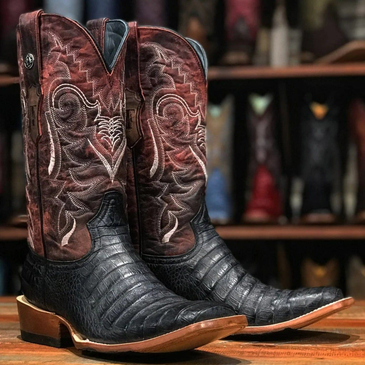 Tanner Mark Boots Boots Tanner Mark Men&#39;s Lambert Print Caiman Belly Square Toe Boots Black TM207039