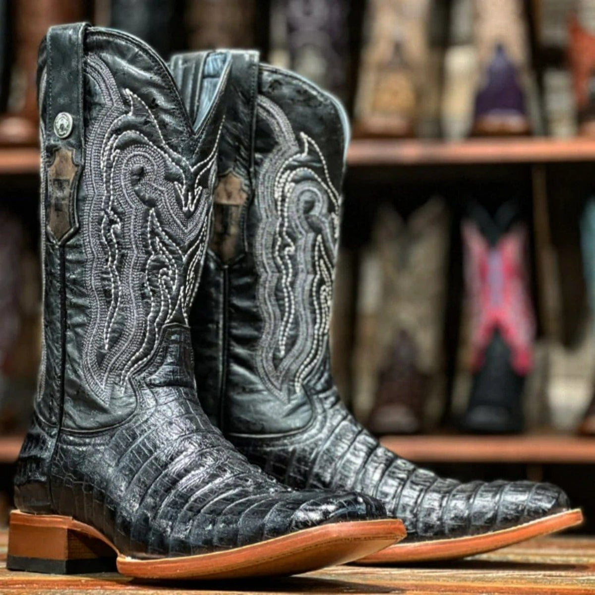 Tanner Mark Boots Boots Tanner Mark Men&#39;s Lufkin Print Caiman Tail Square Toe Boots Black TM201705