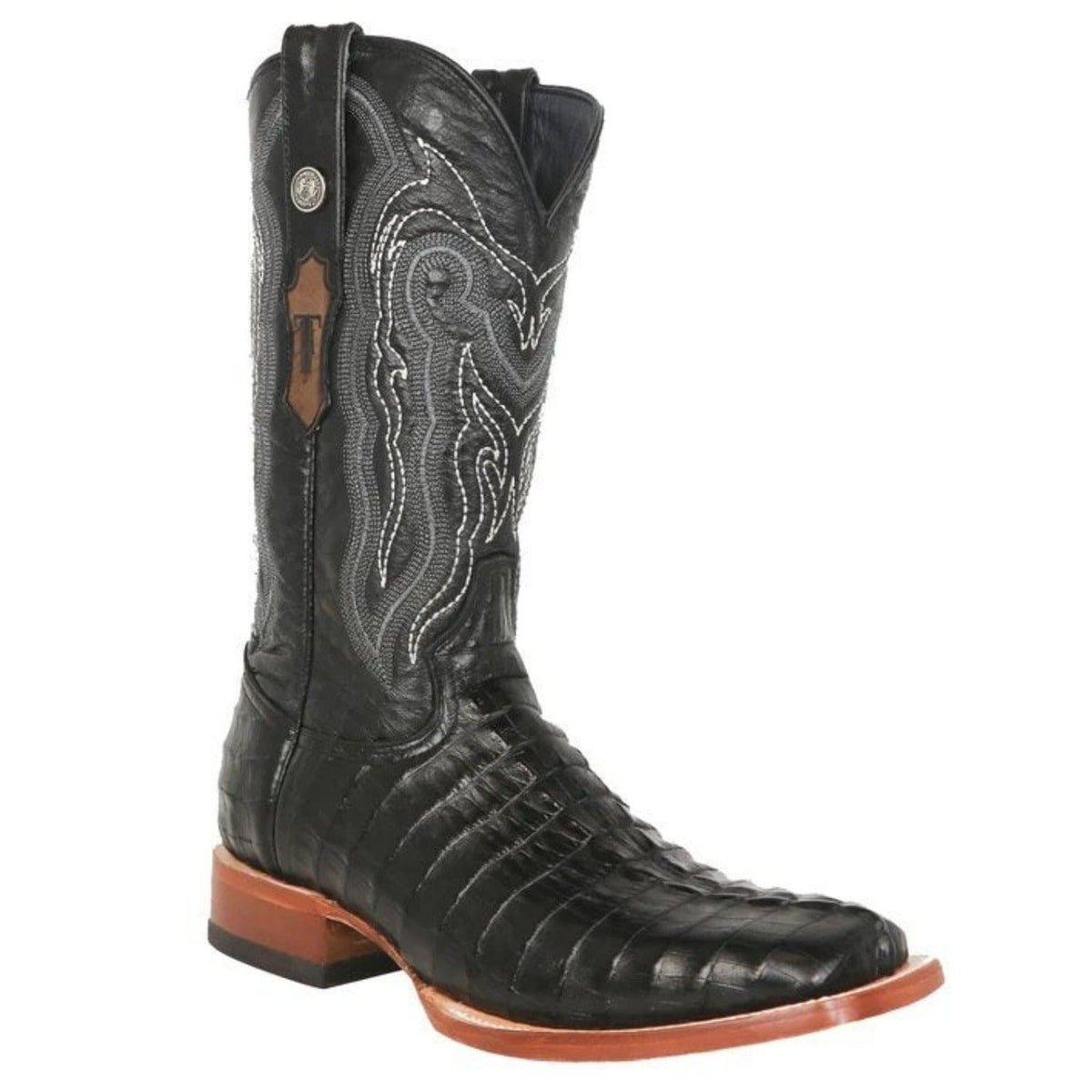 Tanner Mark Boots Boots Tanner Mark Men&#39;s Lufkin Print Caiman Tail Square Toe Boots Black TM201705