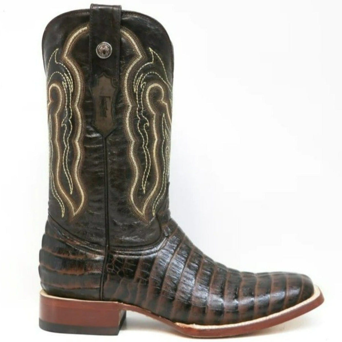 Tanner Mark Boots Boots Tanner Mark Men&#39;s Marshall Print Caiman Tail Square Toe Boots Brown TM201704