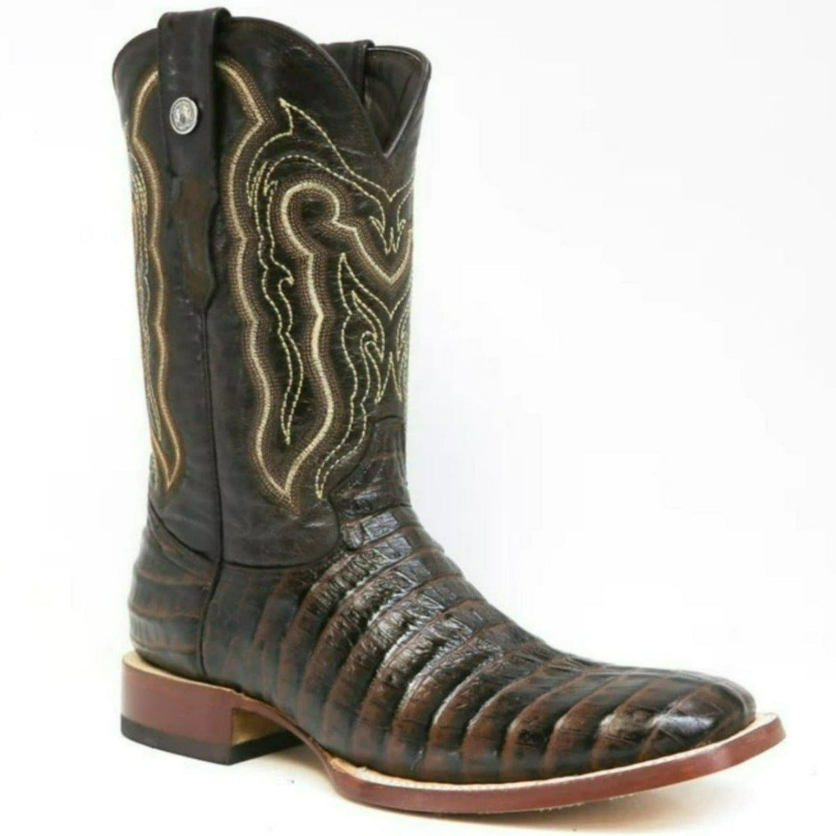 Tanner Mark Boots Boots Tanner Mark Men&#39;s Marshall Print Caiman Tail Square Toe Boots Brown TM201704