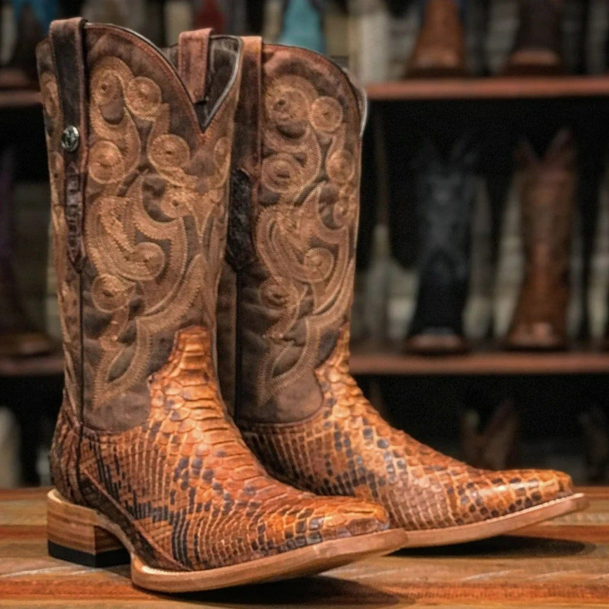 Tanner Mark Boots Boots Tanner Mark Men&#39;s Medina Genuine Python Square Toe Boots Brandy TMX200425