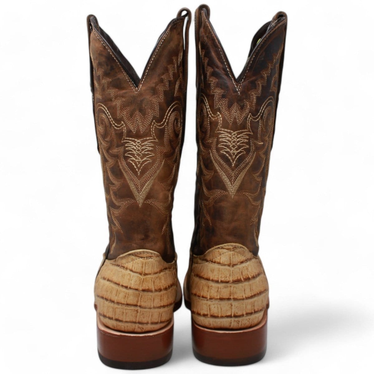 Tanner Mark Boots Boots Tanner Mark Men&#39;s Midland Print Caiman Belly Square Toe Boots Antique Saddle TM207005