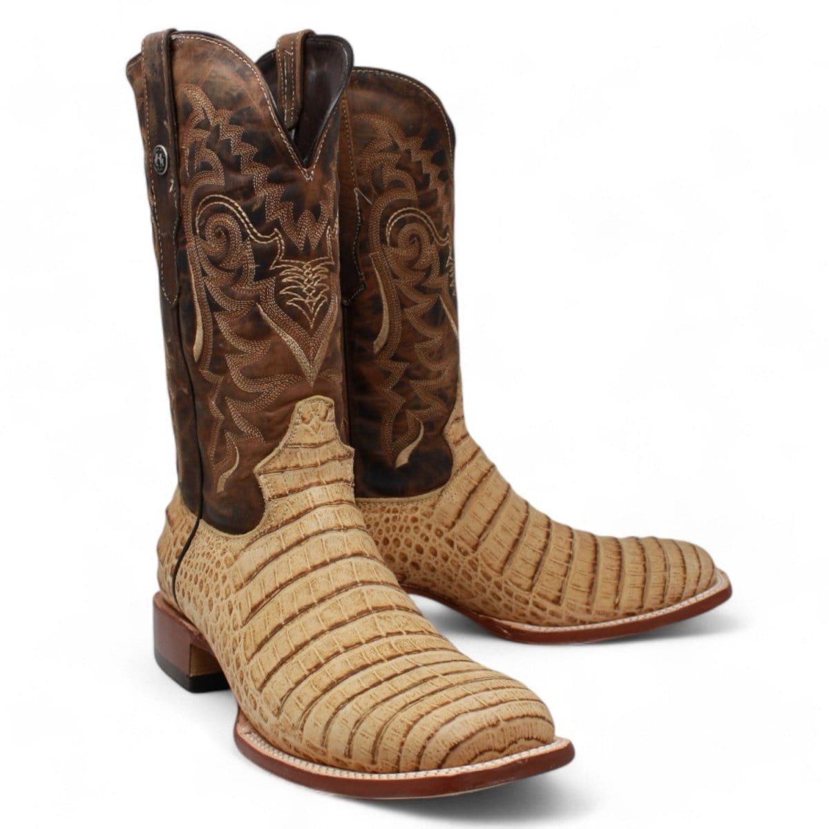 Tanner Mark Boots Boots Tanner Mark Men&#39;s Midland Print Caiman Belly Square Toe Boots Antique Saddle TM207005