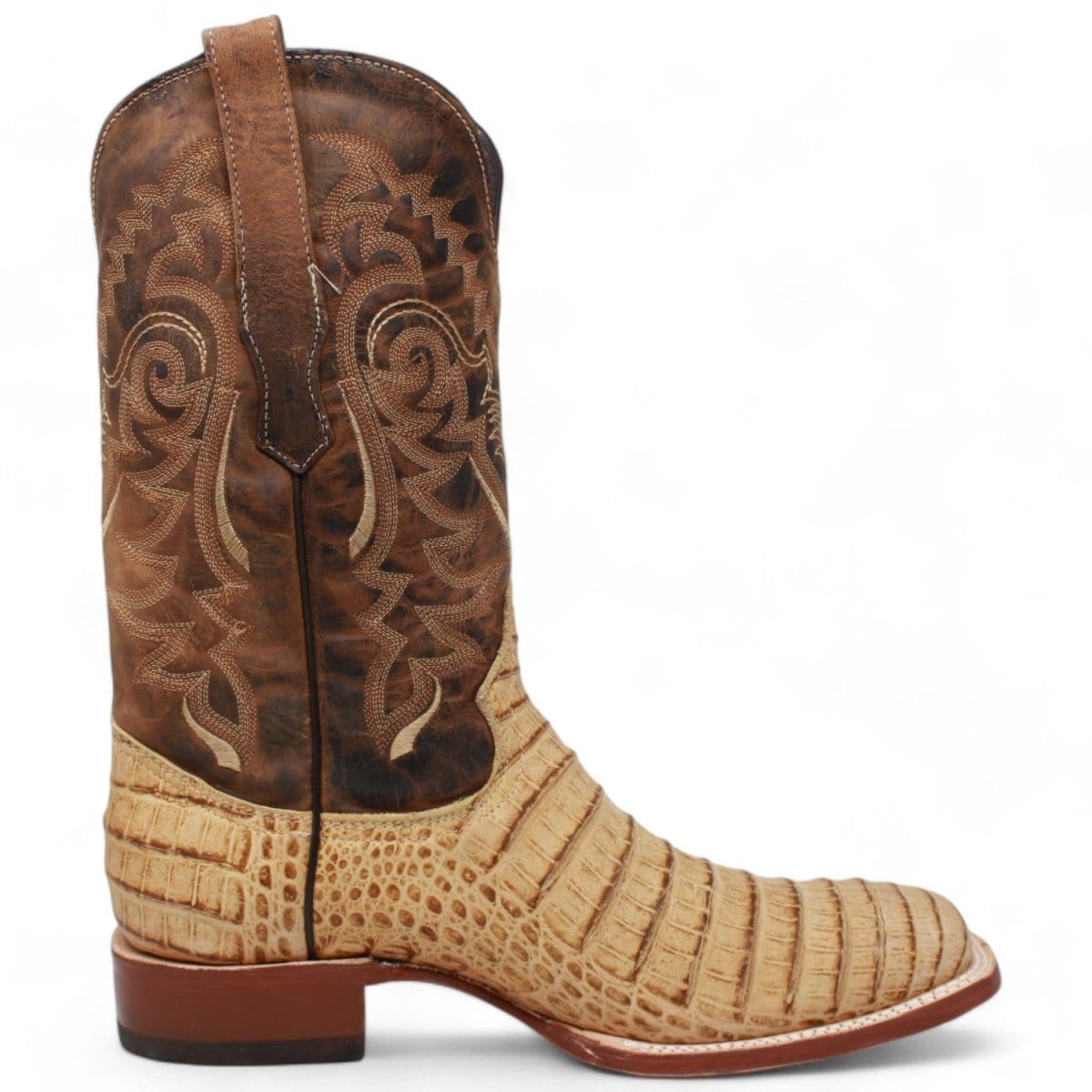 Tanner Mark Boots Boots Tanner Mark Men&#39;s Midland Print Caiman Belly Square Toe Boots Antique Saddle TM207005