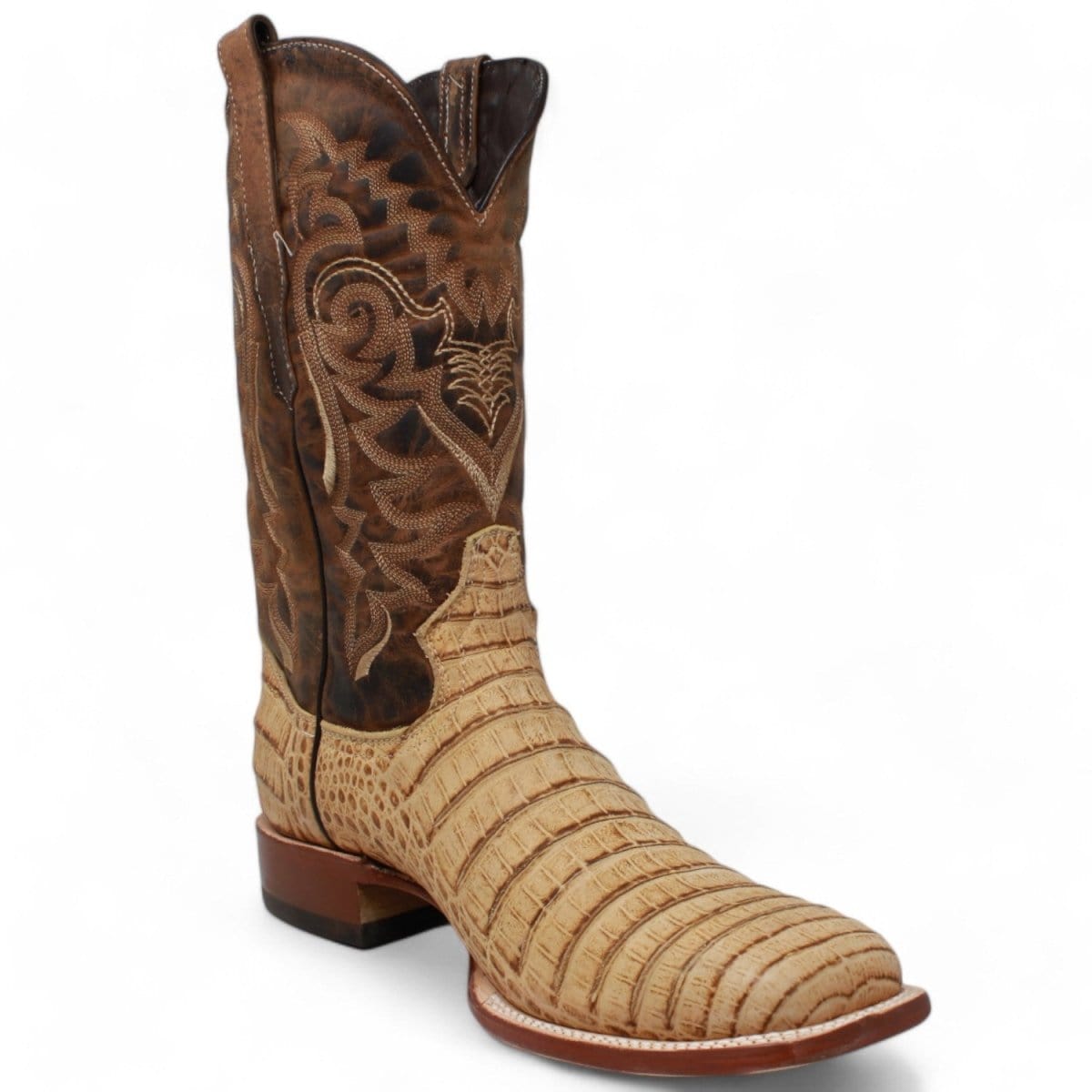 Tanner Mark Boots Boots Tanner Mark Men&#39;s Midland Print Caiman Belly Square Toe Boots Antique Saddle TM207005