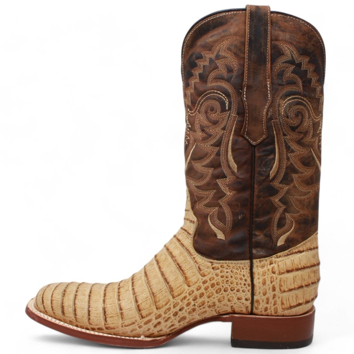 Tanner Mark Boots Boots Tanner Mark Men&#39;s Midland Print Caiman Belly Square Toe Boots Antique Saddle TM207005