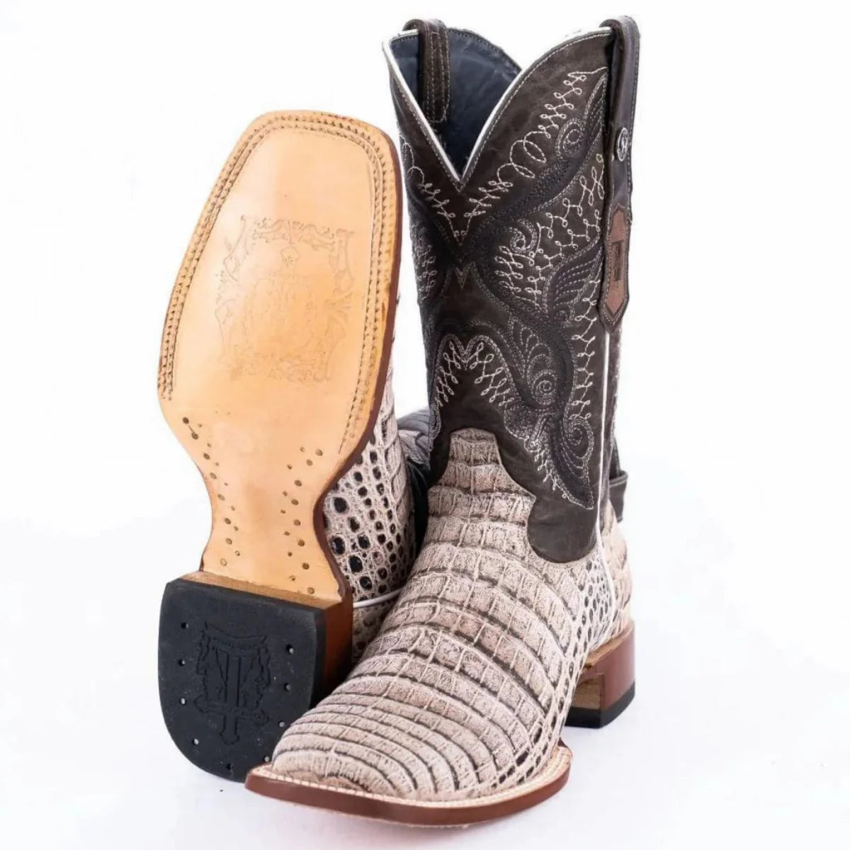 Tanner Mark Boots Boots Tanner Mark Men&#39;s Print Caiman Belly Square Toe Boots Natural TM205569