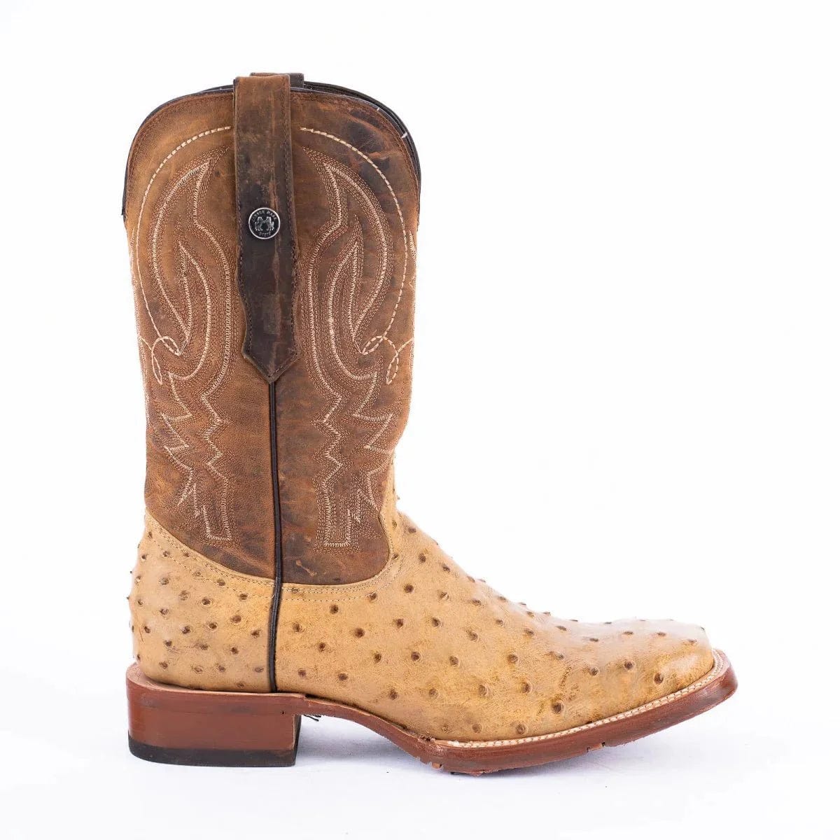 Tanner Mark Boots Boots Tanner Mark Men&#39;s Print Ostrich Square Toe Boots Antique Saddle TM205556