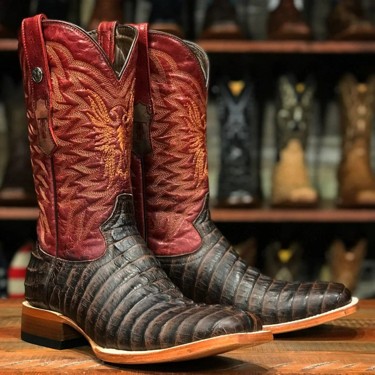 Tanner Mark Boots Boots Tanner Mark Men&#39;s The Bandit Print Caiman Tail Square Toe Boots Chocolate TM205538