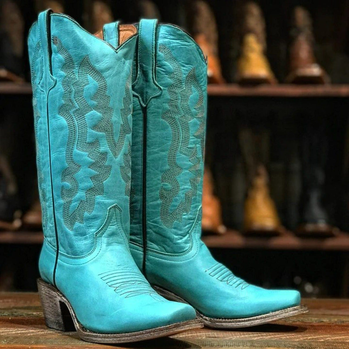 Tanner Mark Boots Boots Tanner Mark Women&#39;s Addy Square Toe Leather Boots Turquoise TML205128