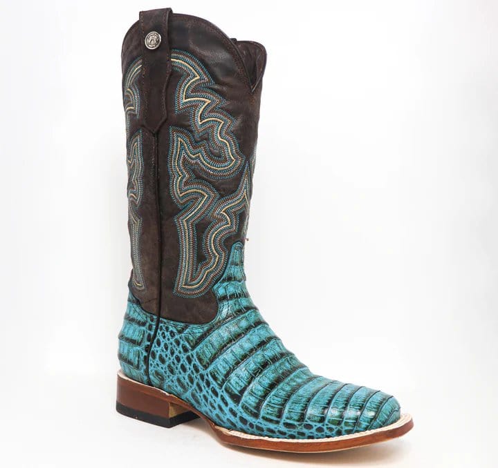 Tanner Mark Boots Boots Tanner Mark Women&#39;s &#39;Agave Sky&#39; Print Caiman Belly Square Toe Boots Turquoise TML207070