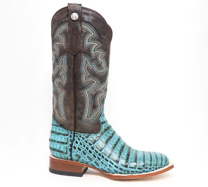 Tanner Mark Boots Boots Tanner Mark Women&#39;s &#39;Agave Sky&#39; Print Caiman Belly Square Toe Boots Turquoise TML207070