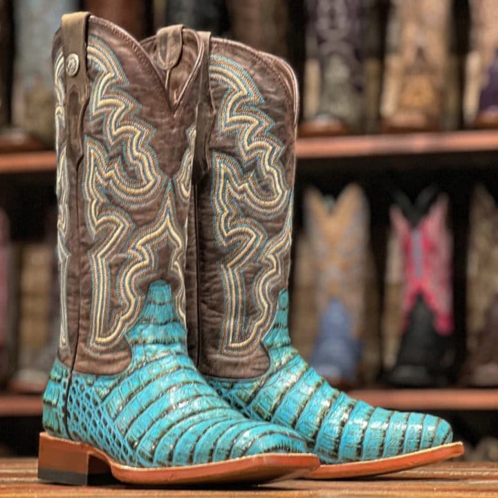 Tanner Mark Boots Boots Tanner Mark Women&#39;s &#39;Agave Sky&#39; Print Caiman Belly Square Toe Boots Turquoise TML207070