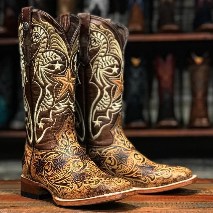 Tanner Mark Boots Boots Tanner Mark Women&#39;s Dirt Road Diva Hand Tooled Square Toe Leather Boots Orix Cognac TML207087