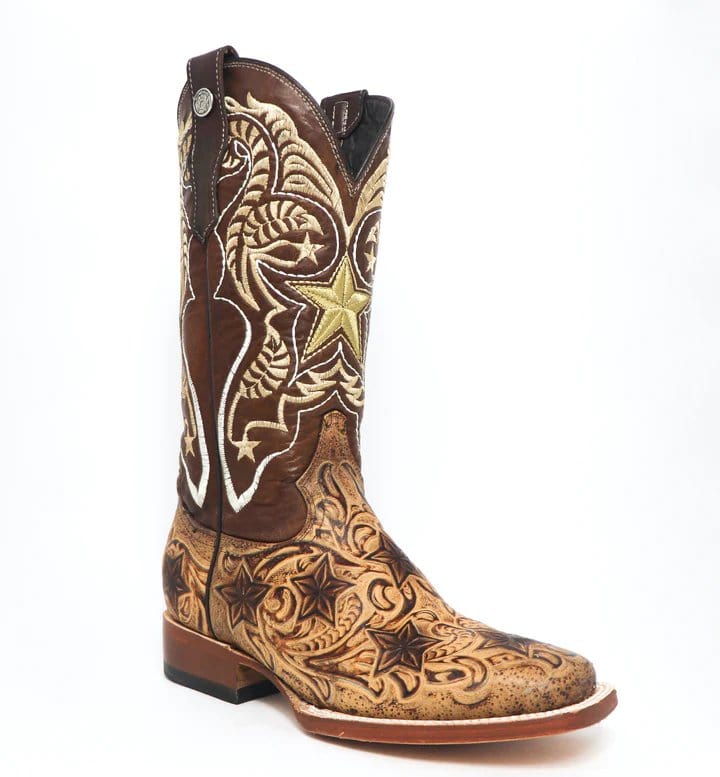 Tanner Mark Boots Boots Tanner Mark Women&#39;s Dirt Road Diva Hand Tooled Square Toe Leather Boots Orix Cognac TML207087