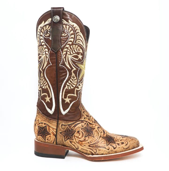 Tanner Mark Boots Boots Tanner Mark Women&#39;s Dirt Road Diva Hand Tooled Square Toe Leather Boots Orix Cognac TML207087